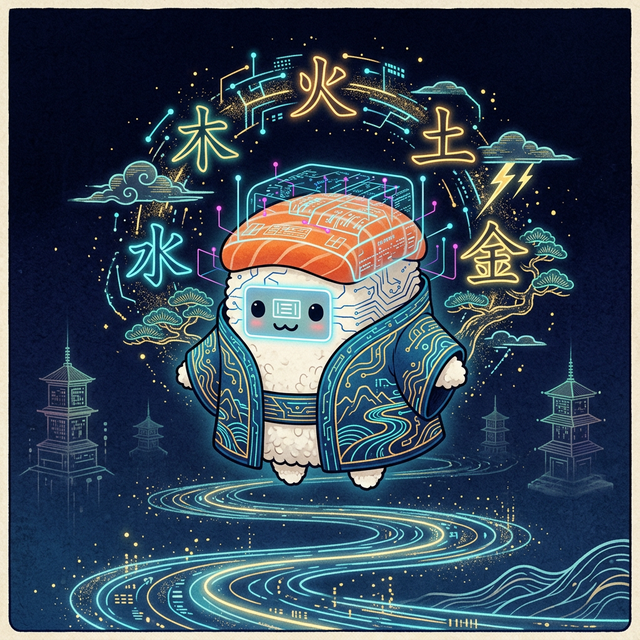 Osushi-chan in a digital void with floating Kanji representing Wabi-Sabi