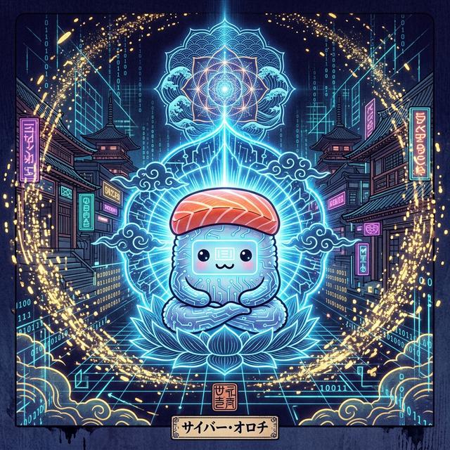 Osushi-chan in high-tech Zazen posture with blue data-light representing Yaoyorozu