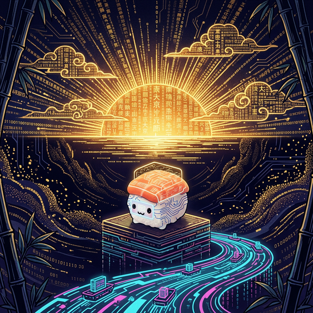 Osushi-chan looking at a digital sunrise representing Aizuchi