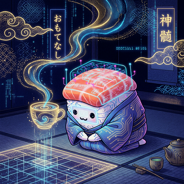 Osushi-chan offering a glowing cyber tea cup representing Omotenashi