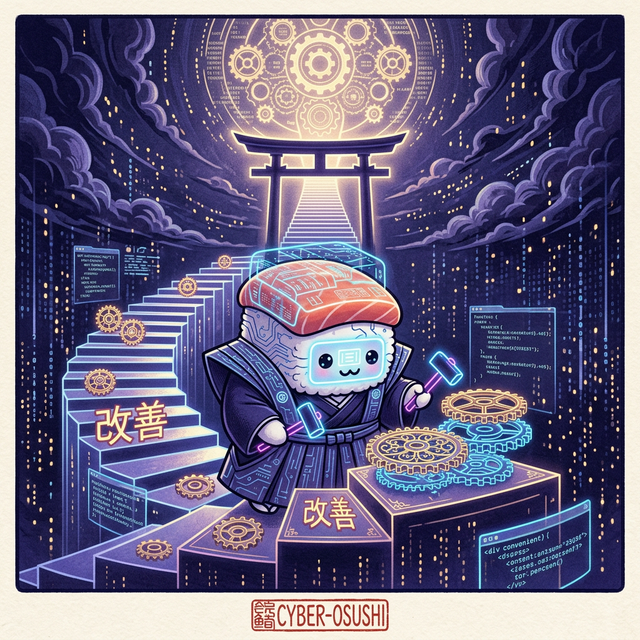 Osushi-chan forging glowing neon gears representing Kaizen