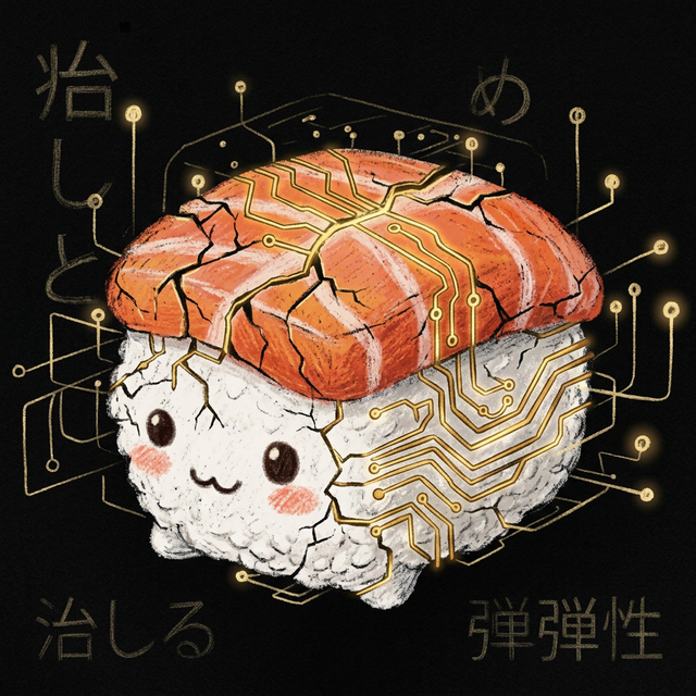 Kintsugi Osushi-chan with glowing gold digital circuits