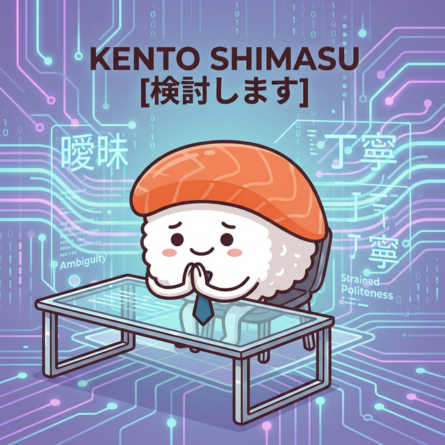 Osushi-chan in a necktie, smiling subtly at a Cyber-Meeting table, deciphering 'Kento Shimasu'