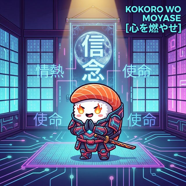 Osushi-chan in Demon Slayer armor, smiling determinedly at a Cyber-Meeting table, deciphering 'Kokoro wo Moyase'