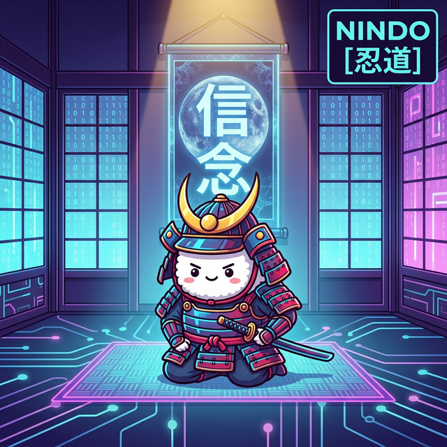 Cyber-Samurai Osushi-chan in a neon Dojo, representing Nindo (Way of the Ninja) and personal belief